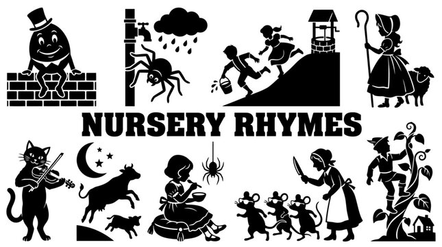 Collection of Classic Nursery Rhyme Silhouette Icons, Humpty Dumpty, Jack and Jill, Little Bo Peep, Three Blind Mice, Vector Graphic Set for Kids Education and Book Illustration