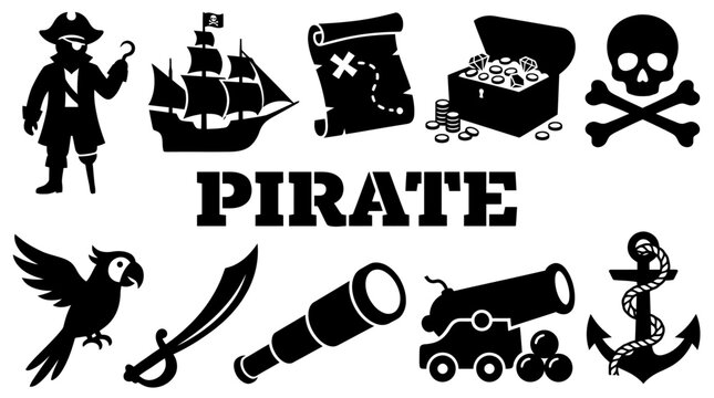 Pirate Adventure Icon Set Silhouette Vector - Collection of Nautical Elements Including Ship, Captain, Treasure Chest, Skull, Map, Parrot, Cannon, and Anchor