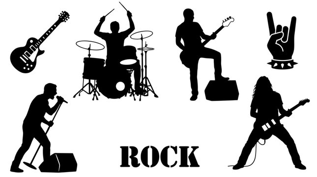 Black Silhouette of a Rock Band with Singer, Guitarists, and Drummer Performing on Stage, Music Festival Vector Illustration