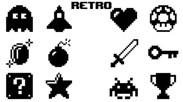 Retro 8-Bit Pixel Art Video Game Icon Set in Black and White