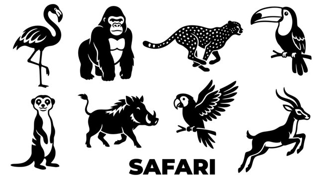 Set of African Safari Animal Silhouette Icons Including Gorilla Cheetah Toucan Flamingo Meerkat and Warthog Vector Illustration