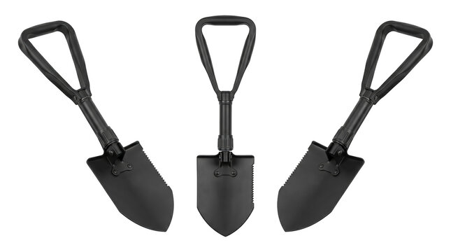 Set of 3 multi-angle variations of military tactical entrenching tool folding camping survival shovel mockup, transparent background, PNG