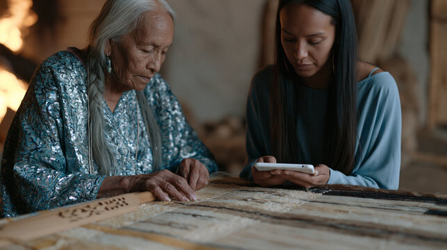Elderly Navajo grandmother traces carved wooden symbols on a loom while granddaughter records her voice on a tablet, warm firelight casting amber glow across handwoven textiles,