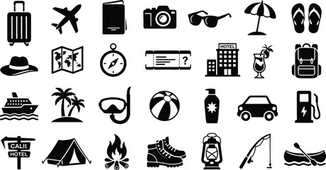 Travel Vacation Icon Set, Summer Tourism Beach Outdoor Camping Elements © MST SUYARA