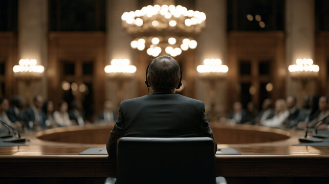 Wide establishing shot of a grand ceremonial hall where delegates in diverse national dress sit across a circular table, a translator speaking quietly into a headset at center,