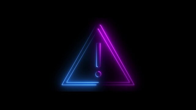 Neon warning attention blue color icon animation with black background.