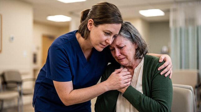 healthcare support, a compassionate nurse embraces a distraught family member in a hospital