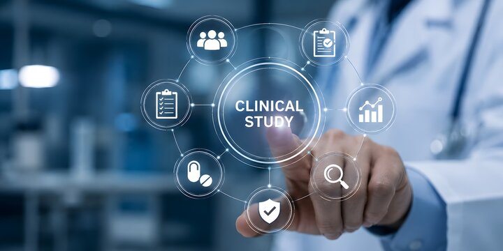 Doctor pointing at a digital interface showing the steps of a clinical study for the concept of scientific research and medical innovation.
