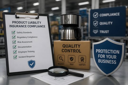 A clipboard with 'Product Liability Insurance Compliance' checklist, a magnifying glass, a coffee maker, and a 'Quality Control' box, symbolizing business protection and risk management.