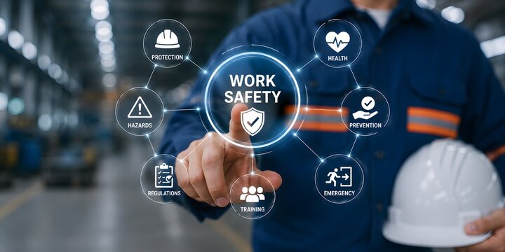 A person's finger touching the work safety icon in a digital interface with icons of protection, health, regulation, and emergency for the concept of workplace safety and security.
