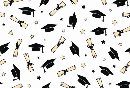 Seamless pattern of graduation caps and diplomas.