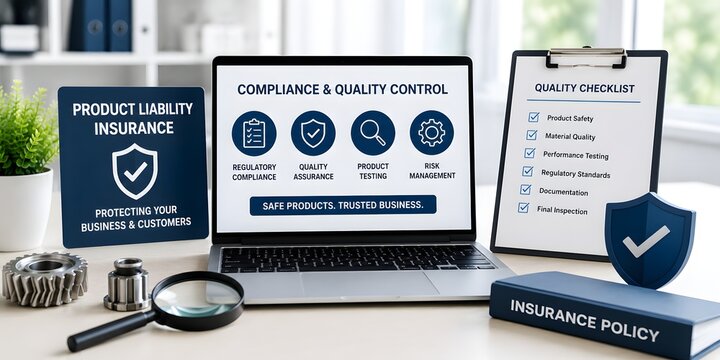 A desk displaying product liability insurance and quality control documents, representing business risk management and regulatory compliance.