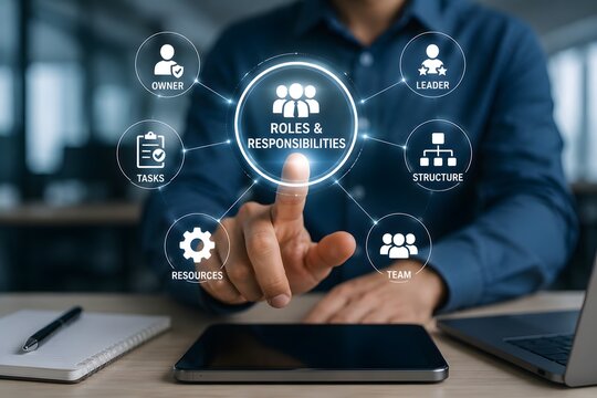 Roles and responsibilities in business explained with icons on a digital interface, representing management and teamwork.