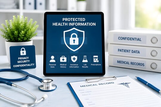 Digital medical record tablet and stethoscope for the concept of medical data privacy and security.
