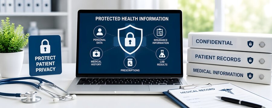 Protected Health Information security and privacy concept with medical records and a laptop display