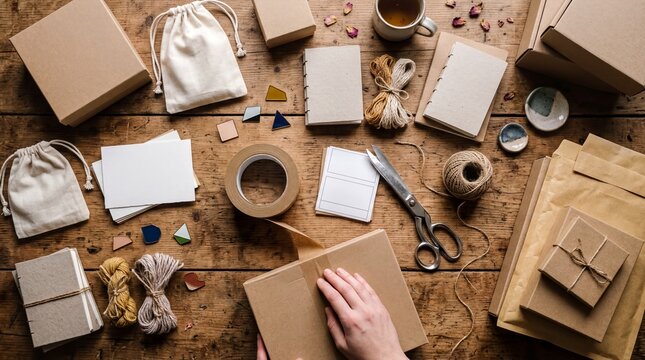 creative gift packaging, a neatly arranged collection of patreon gifts on a flat surface, showcasing variety