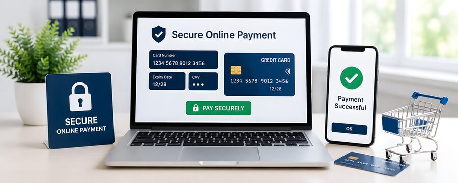 Secure online payment interface on laptop and smartphone, credit card, shopping cart for e-commerce concept.