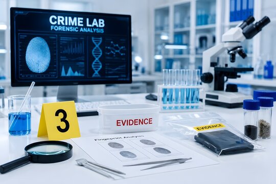 Crime lab investigation with DNA and fingerprint analysis on the monitor for the concept of forensic science and criminal justice.