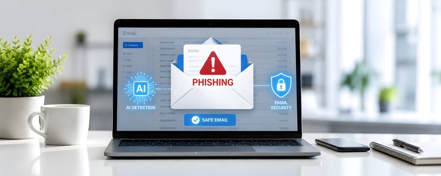Phishing email alert on a laptop screen, illustrating digital security threat.