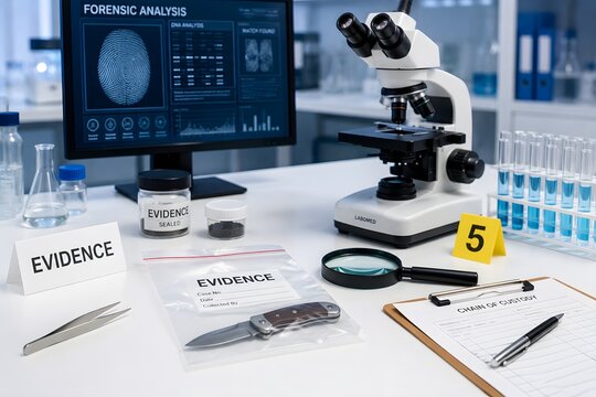 Forensic evidence laid out on a table in a laboratory for the concept of crime scene investigation.