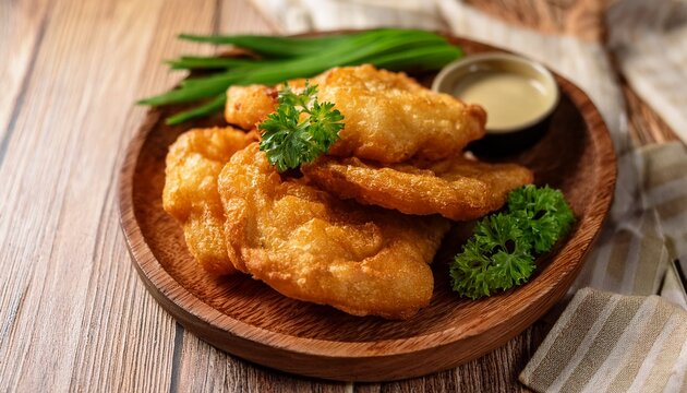 traditional crispy jipang beras brondong served on wooden plate with vibrant herb garnishes