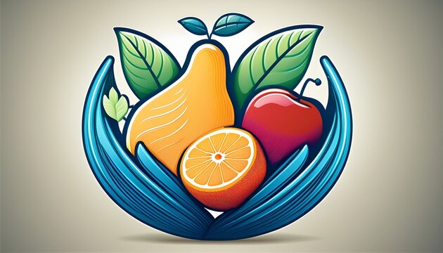 organic diet symbol with a blue leaf cradling fresh fruit for nutrition awareness