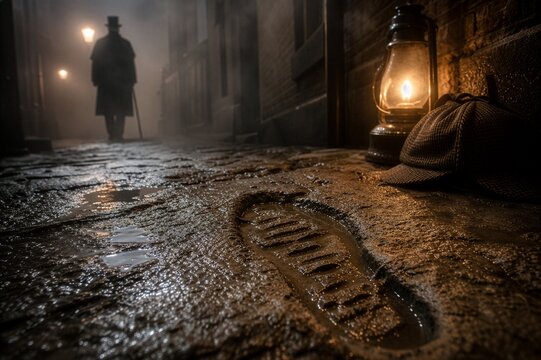 Victorian Detective Mystery at Midnight: Eerie Bootprint, Glowing Lantern & Abandoned Tweed Cap on Rain-Soaked Cobblestones with Foggy Silhouette
