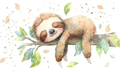 Fototapeta premium Cute watercolor baby sloth sleeping on a tree branch illustration. Sweet animal nursery print with gold glitter dust and green leaves isolated on white.