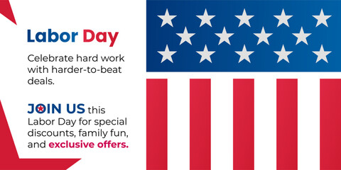 Fototapeta premium Labor day celebration banner with american flag design, featuring promotional text for special discounts, family fun, and exclusive offers for the holiday