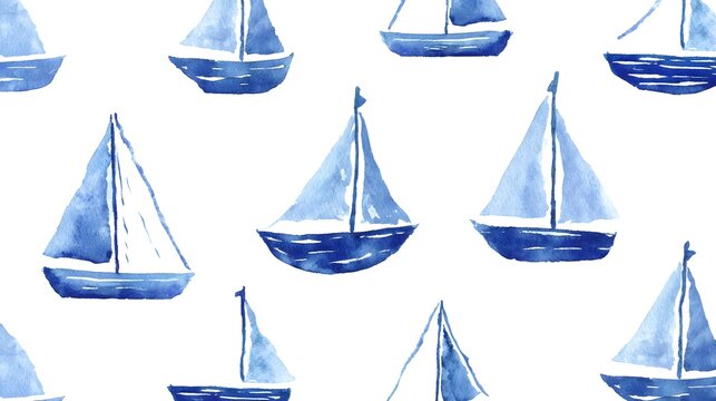 Watercolor blue sailboat pattern. Navy blue yacht background for nautical nursery textile design. Hand-painted marine wallpaper.