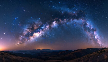 Fototapeta premium Expansive Milky Way galaxy arching over a dark, remote landscape with distant city lights on the horizon, celestial panorama