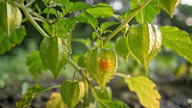 Closeup of a Physalis plant with unripe fruits in the garden.