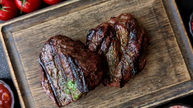 Beef mignon steak, rare, meat grilled with salt and spices. Beef steak as a food background for your design