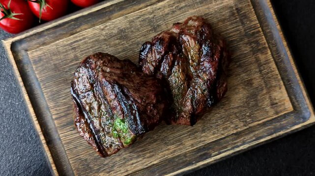 Beef mignon steak, rare, meat grilled with salt and spices. Beef steak as a food background for your design