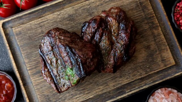 Beef mignon steak, rare, meat grilled with salt and spices. Beef steak as a food background for your design