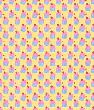 Cute cupcake seamless pattern with strawberry or cherry topping on a yellow background. Sweet dessert vector illustration for wallpaper, fabric, and birthday wrapping paper