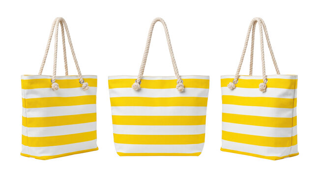 Set of 3 multi-angle turnaround views of bright yellow and white striped beach tote bag, transparent background, PNG