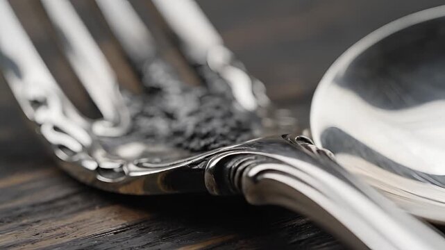 Closeup of Black Caviar on a Silver Fork with Spoon on Wooden Table.