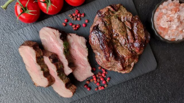 Beef mignon steak, rare, meat grilled with salt and spices. Beef steak as a food background for your design