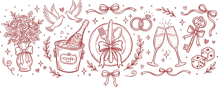Elegant wedding celebration icons set featuring rose bouquet champagne dinner plate and rings hand drawn vector illustration
