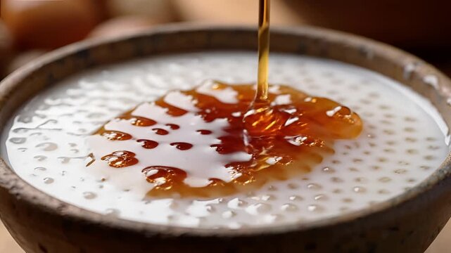 Closeup of Sweet Tapioca Pudding Being Drizzled with Syrup.
