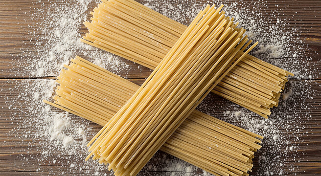 Raw spaghetti pasta bundles scattered on dark wooden surface with white flour decorations.
