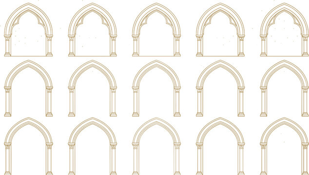 Large collection of golden gothic and pointed arch frames with classical columns vector set for elegant architectural designs