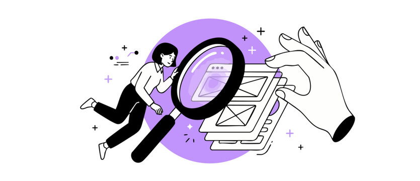 UX UI Web Design Illustration of a female designer inspecting website wireframes through a giant magnifying glass, symbolizing usability testing, research, and app optimization in a modern style.