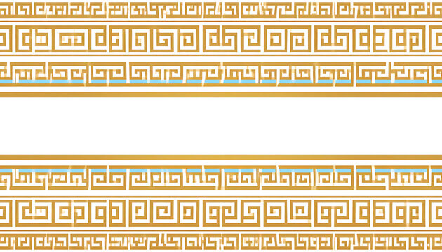 Golden greek key meander border pattern with light blue accents, ancient ornamental motif for design