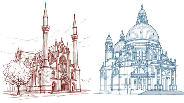Set of architectural line art sketches featuring a gothic cathedral with spires and a majestic domed basilica vector