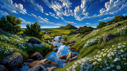 Obraz premium Mountain landscape featuring a flowing creek through a lush green valley with rolling grassy hills and white wildflowers under a dramatic blue sky filled with textured clouds for wall art.