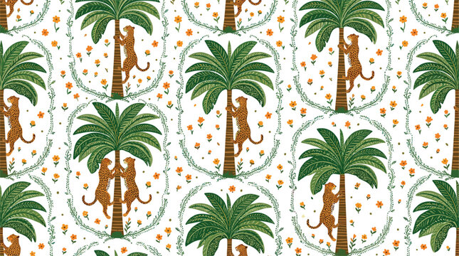 Tropical Seamless Pattern featuring Leopards Climbing Palm Trees with Exotic Flowers and Green Foliage for Textile Surface Design