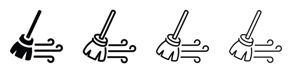 Fototapeta premium Set of four broom icons with wind effect for cleaning and sweeping services