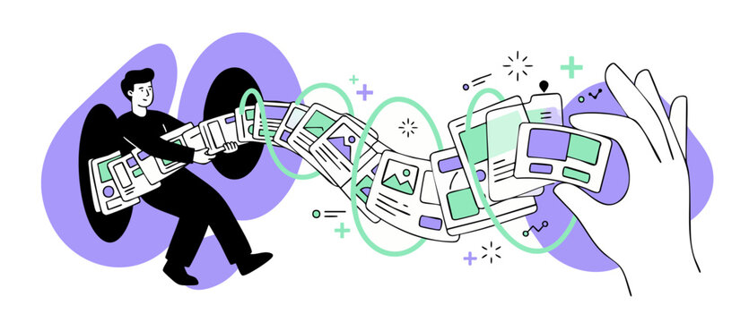 UI UX design workflow process with flat vector illustration of digital data transfer pipeline, managing wireframe templates, web layout files, and media assets for agile software cloud migrations.